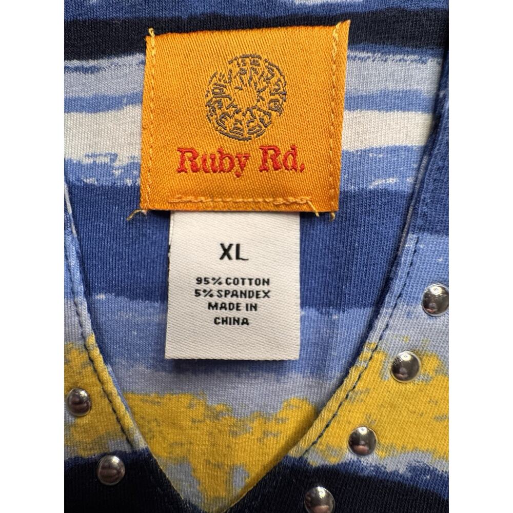 Ruby Rd XL Top Blue Yellow Stripe 3/4 Sleeve V-neck Silver Studs Runs Small - Picture 4 of 11